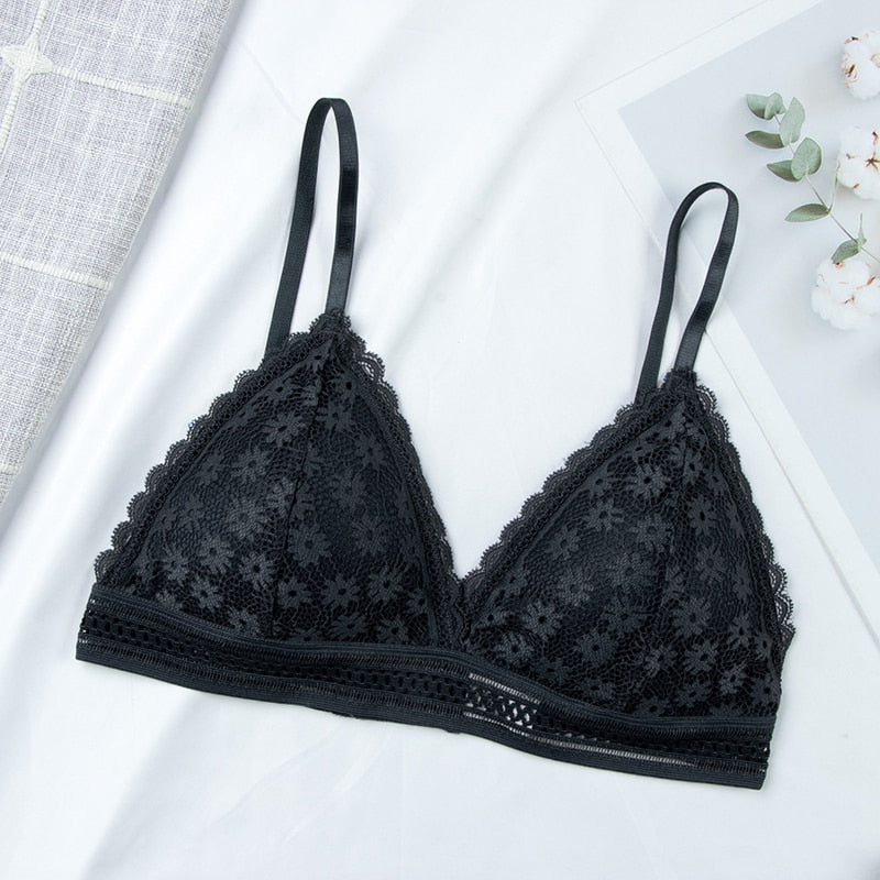 Floral lace bralette from The Clothing Company Sydney featuring push-up, removable pads, breathable fabric, wireless design, and thin style.