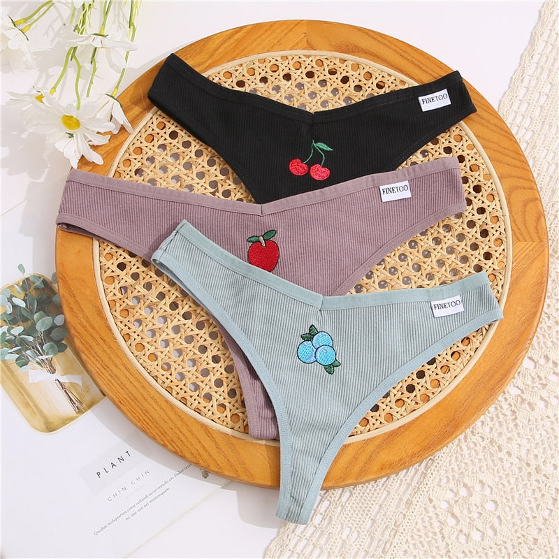 Cotton fruit embroidery G-string panties by The Clothing Company Sydney, featuring a T-back thong design and colorful fruit patterns.