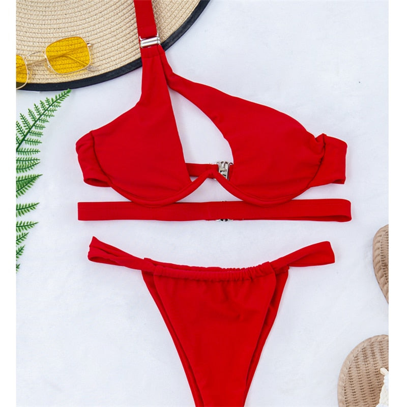 Hollow Out Swimwear Push Up Bikini One Shoulder Solid Thong Swimsuit 2 Piece Micro Bather Suit The Clothing Company Sydney