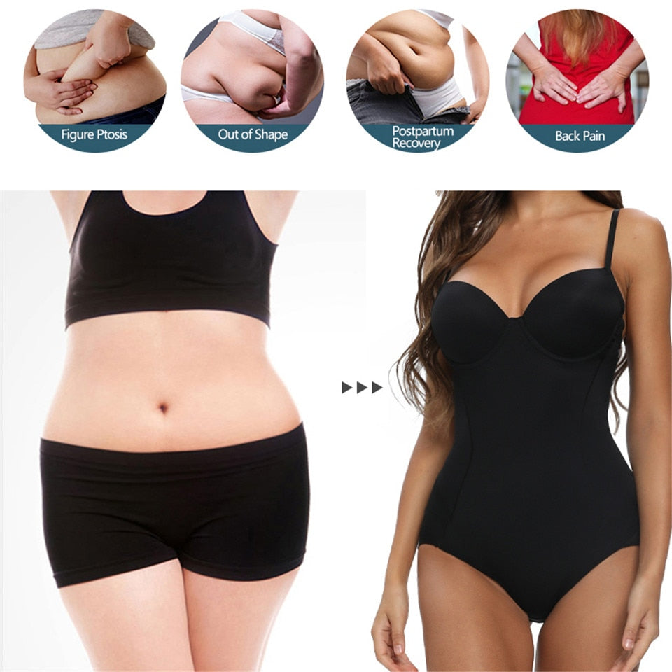 Women's shapewear bodysuit with underwire, waist trainer, and modeling straps, designed for body shaping and support.