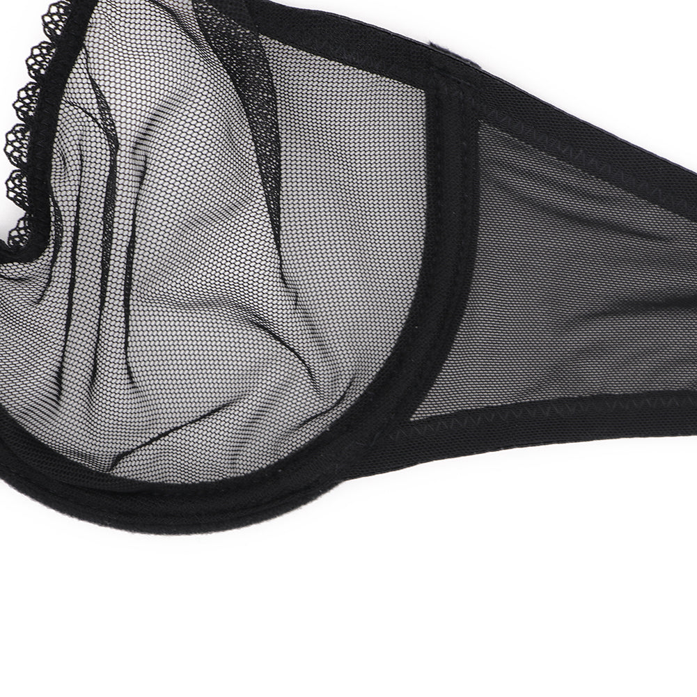 Ultra-thin transparent yarn lingerie set by The Clothing Company Sydney, includes bras, garters, thongs, and stockings, showcasing delicate design.