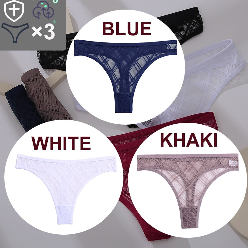 Three floral transparent thong lingerie G-string panties with lace, mesh fabric, and low-waist design from The Clothing Company Sydney.