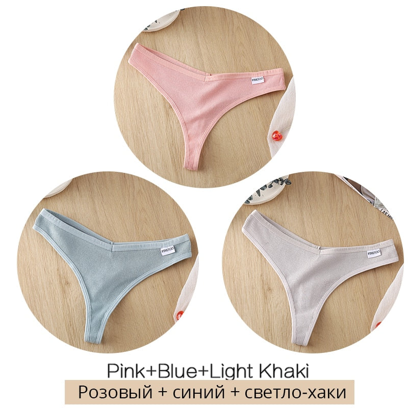 Set of three women's cotton mix thongs with low waist G-string briefs, breathable Brazilian lingerie in neutral colors.