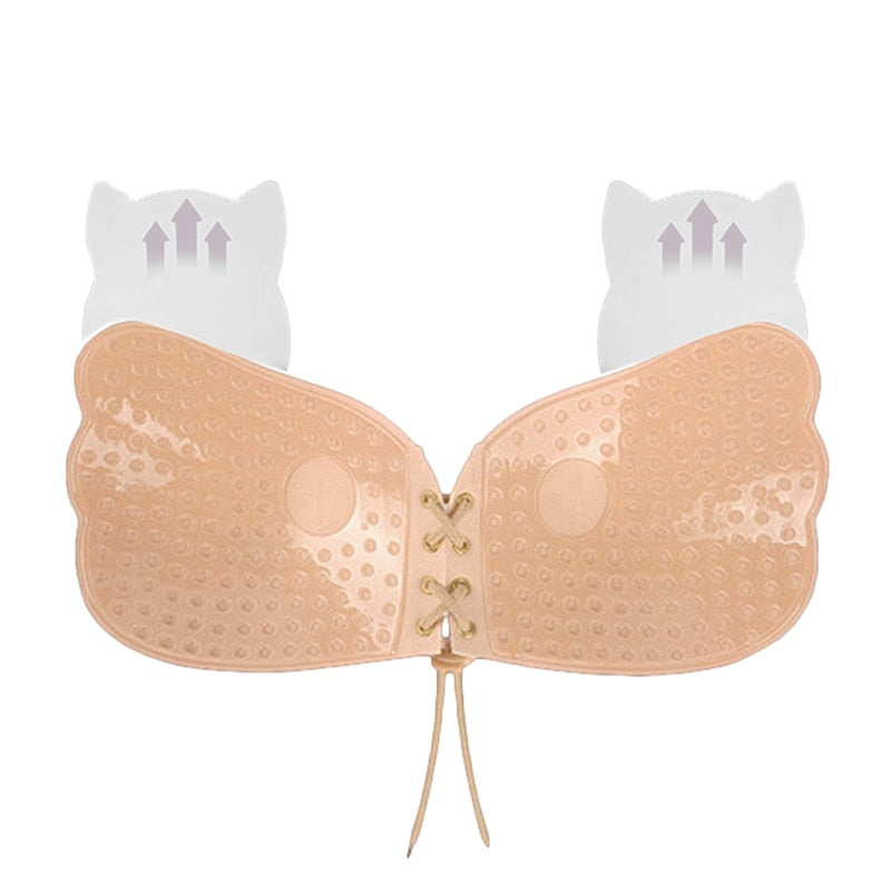 Invisible silicone push-up bra with transparent straps, backless bralette lingerie top, reusable and suitable for wedding or special occasions.
