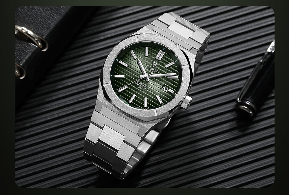 Cadisen men's diver watch with sapphire crystal, automatic Miyota 8215 movement, German design, water-resistant up to 10 bar.