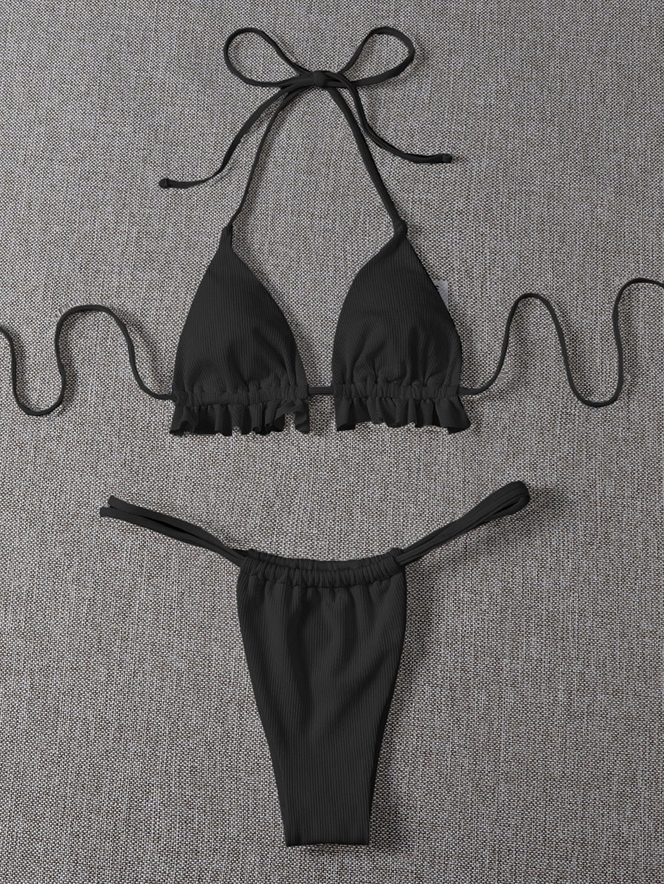 Two-piece ruffle swimsuit set with thong and halter top by The Clothing Company Sydney, featuring micro bikini design for swimming.