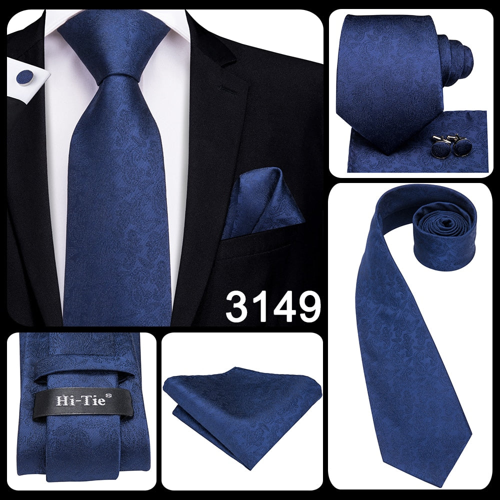 Blue silk business tie with dots, plaid pattern, and matching cufflinks, perfect for formal weddings and business attire.