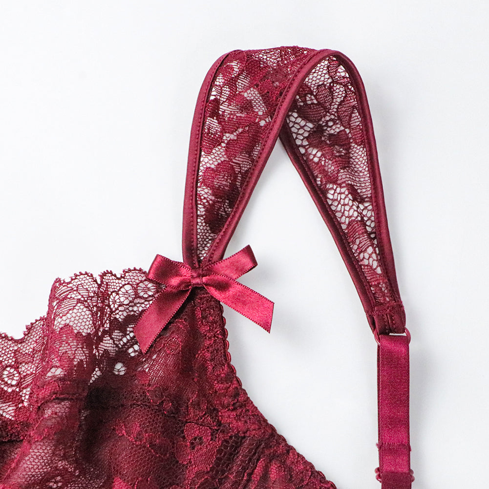 Plus size floral lace lingerie set with bowknot details, including bra, panties, and garter from The Clothing Company Sydney.