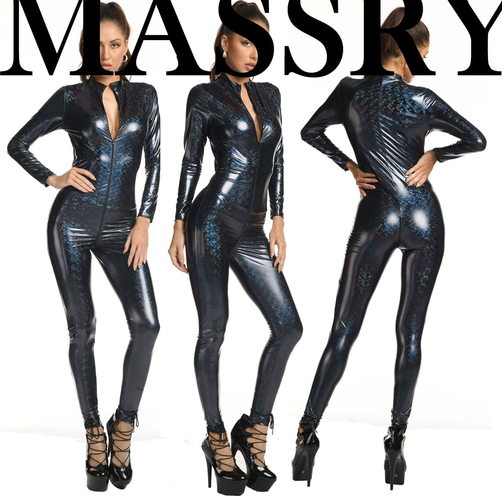 Multicolor shiny PVC bodysuit by The Clothing Company Sydney featuring a wet look, laser gloss finish, two-way zipper, tight fit, novelty jumpsuit