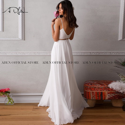 Charming Two Piece Boho Spaghetti Straps White/Ivory Chiffon Beach Bridal Gown Wedding Dress The Clothing Company Sydney