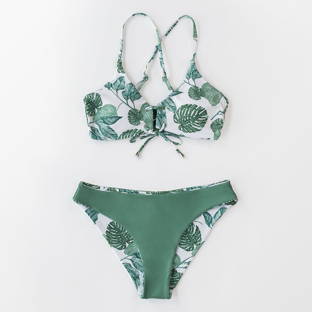 Reversible floral V-neck thong bikini set by The Clothing Company Sydney, two-piece swimwear for beach and swimming.