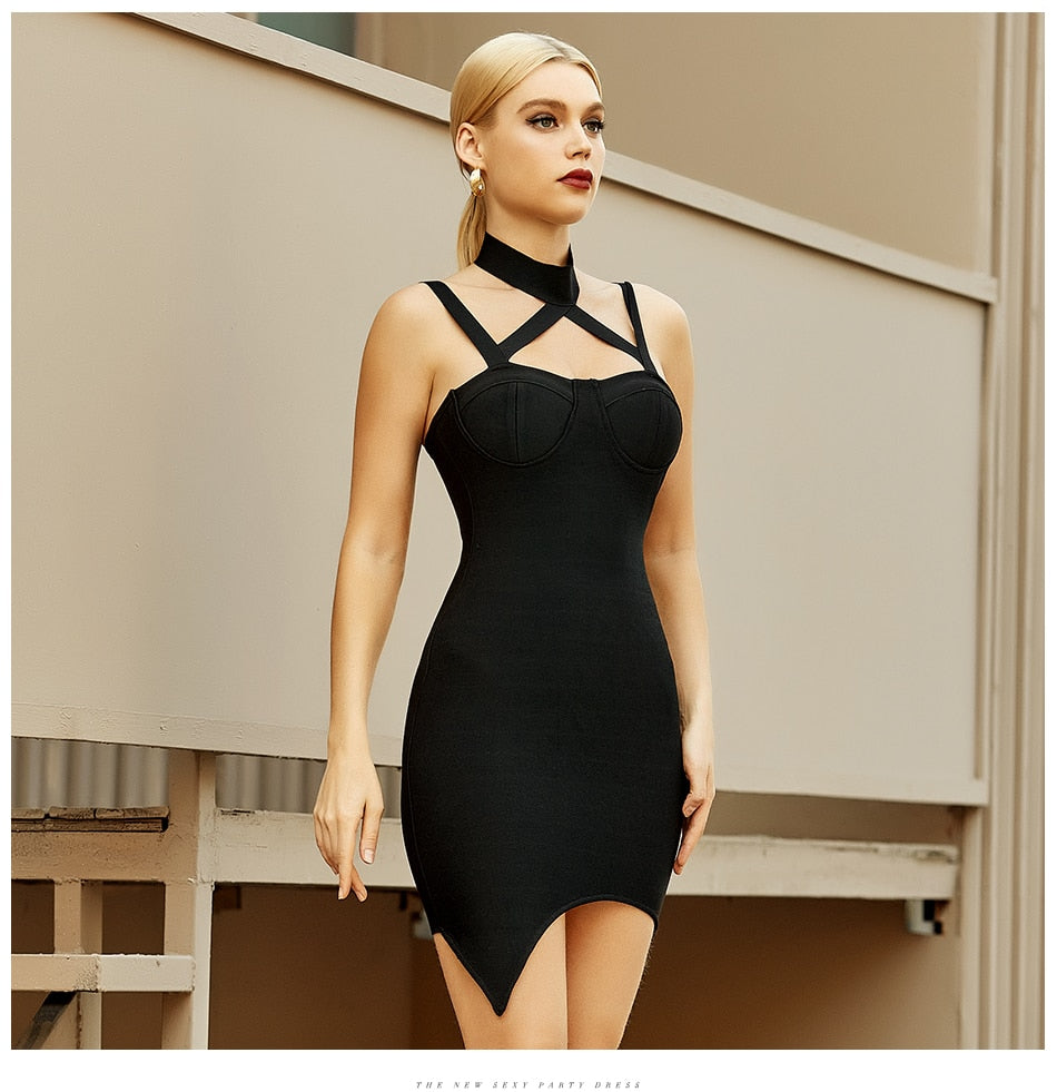 Black sleeveless summer halter mini bandage dress by The Clothing Company Sydney, perfect for night club and evening parties.