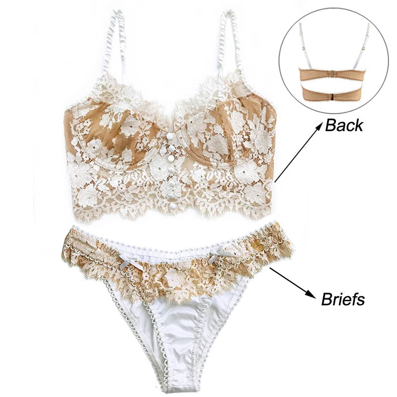 Ultra thin lace lingerie set with bralette and matching panty by The Clothing Company Sydney, featuring eyelash lace details.