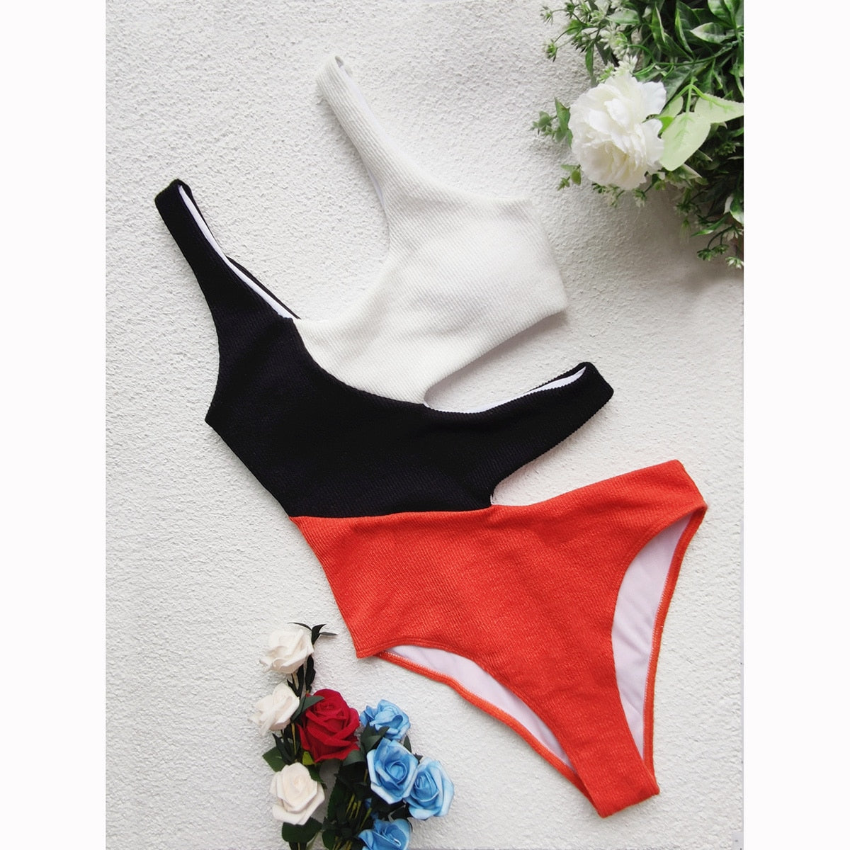 High waist patchwork monokini swimsuit with hollow-out design from The Clothing Company Sydney, perfect for beachwear and swimming.