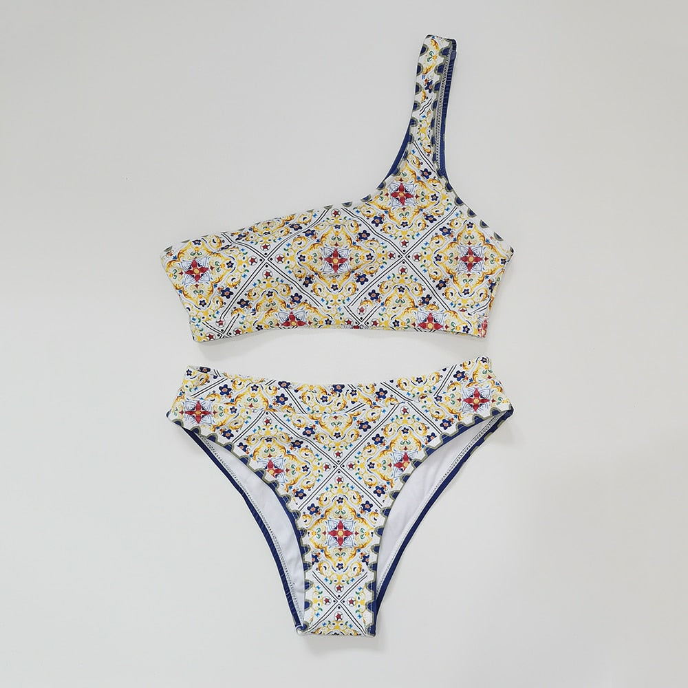 Printed high waist bikini swimsuit from The Clothing Company Sydney, two-piece swimwear perfect for summer beachwear.