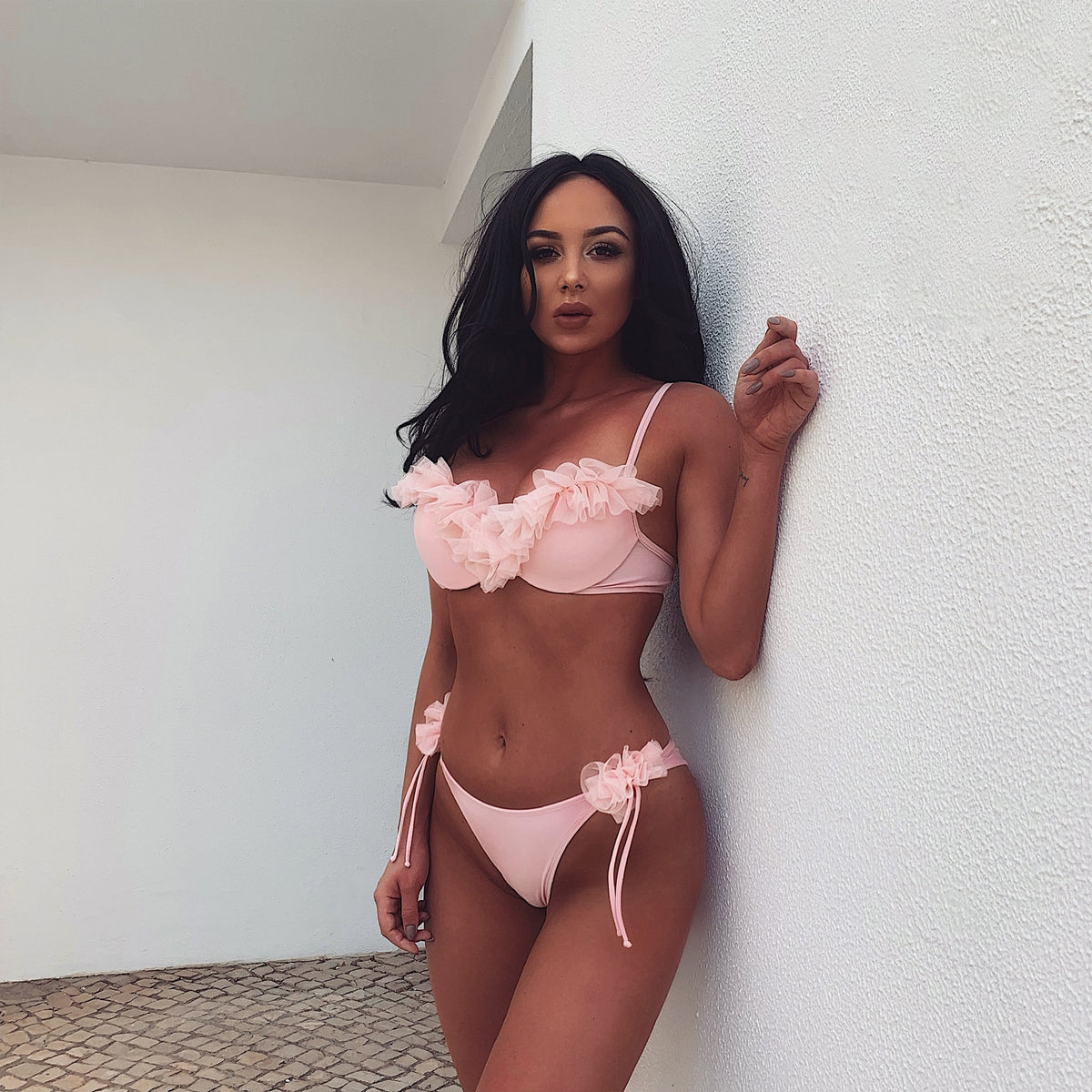 Brazilian leopard print bandeau bikini set for women with ruffle details and push-up style, designed for stylish swimwear.