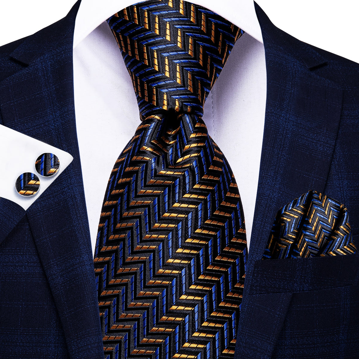 Three luxurious 8.5cm solid paisley silk men's ties with cufflinks and pocket square from The Clothing Company Sydney.