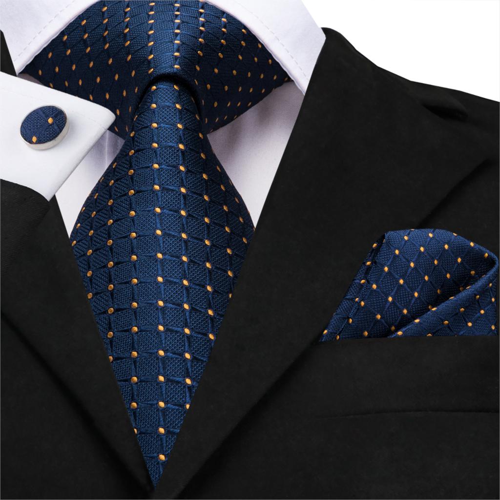Blue silk men's business tie with white dots, plaid pattern, includes cufflinks, 150cm length, stylish accessory for wedding or business.