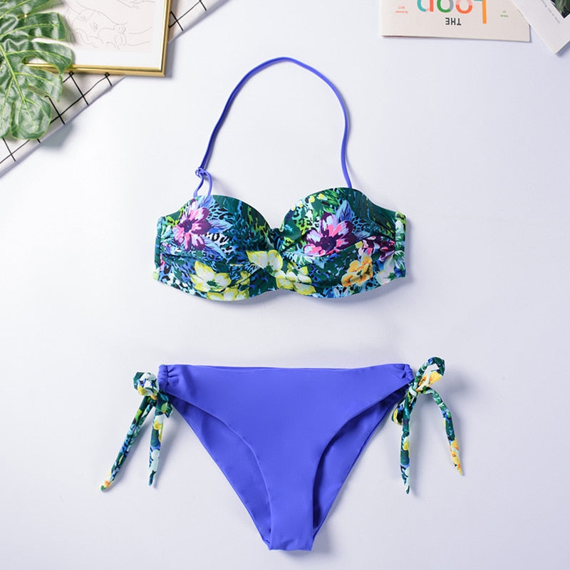 Two-piece leopard print bandeau bikini from The Clothing Company Sydney featuring ruffle details and push-up support.
