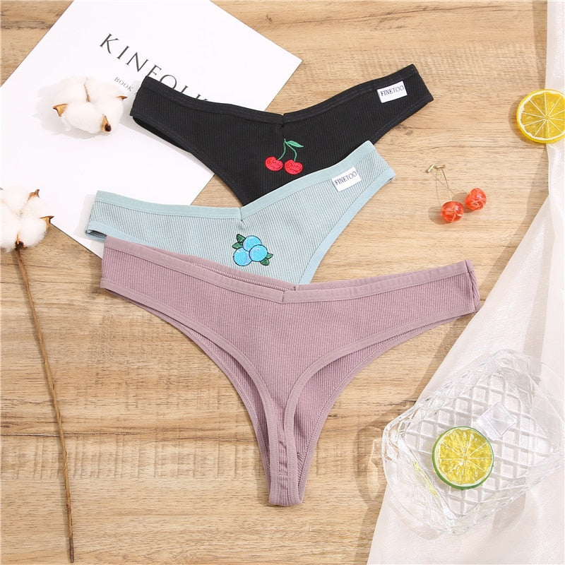 Cotton fruit embroidery G-string lingerie thong by The Clothing Company Sydney, featuring colorful fruit designs on white cotton fabric.