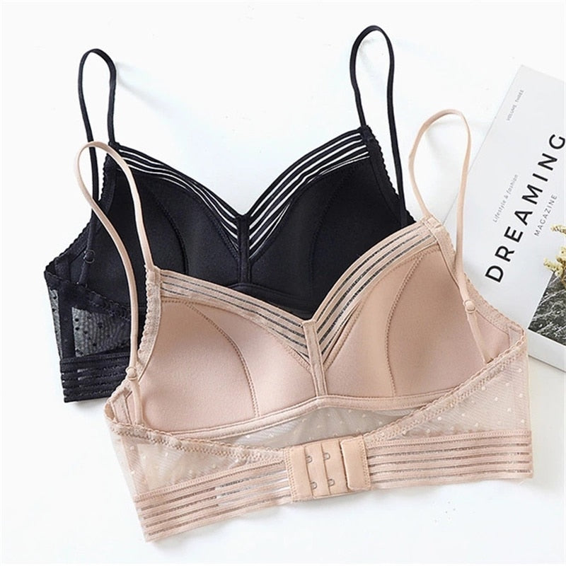 Plus size seamless lace mesh bralette from The Clothing Company Sydney, wireless backless lingerie top, comfortable and invisible under clothes.