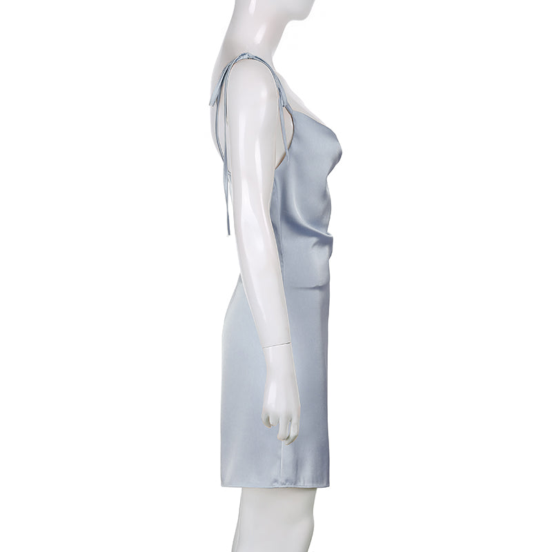 Backless satin sundress by The Clothing Company Sydney featuring thin straps, sleeveless design, and a casual mini fit.