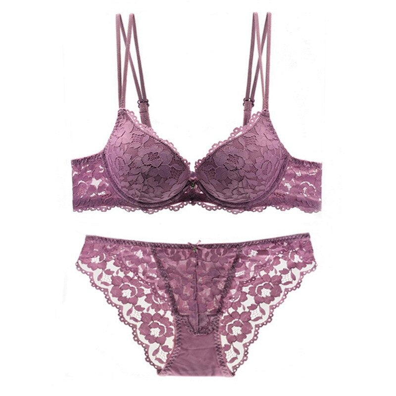 Blue lace embroidery lingerie set with push-up bra and matching panties, featuring a deep V design, by The Clothing Company Sydney.