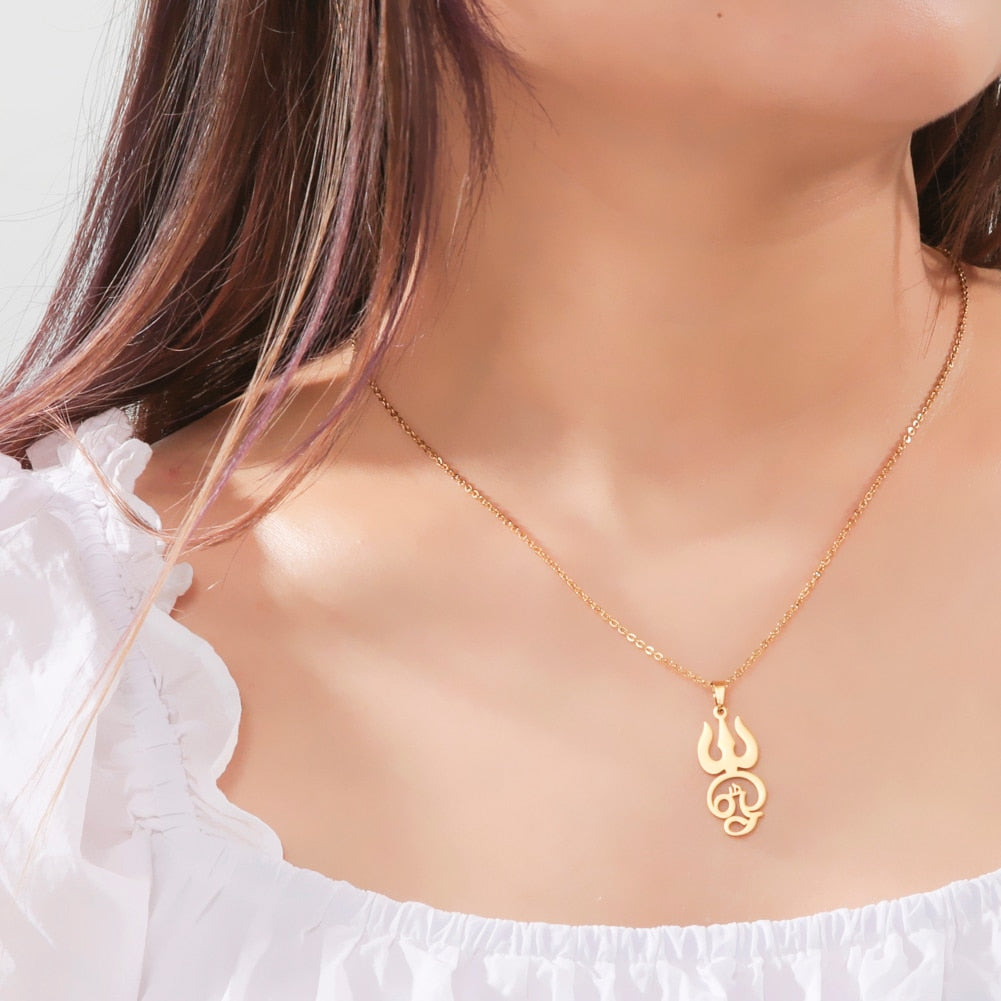Stainless steel Tamil Om Aum symbol with trident pendant on a chain, vintage yoga-inspired jewelry piece.