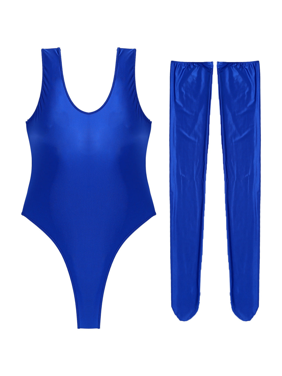 Women's glossy stretchy swimsuit by The Clothing Company Sydney, sleeveless high-cut bodysuit with slim fit and stocking details.