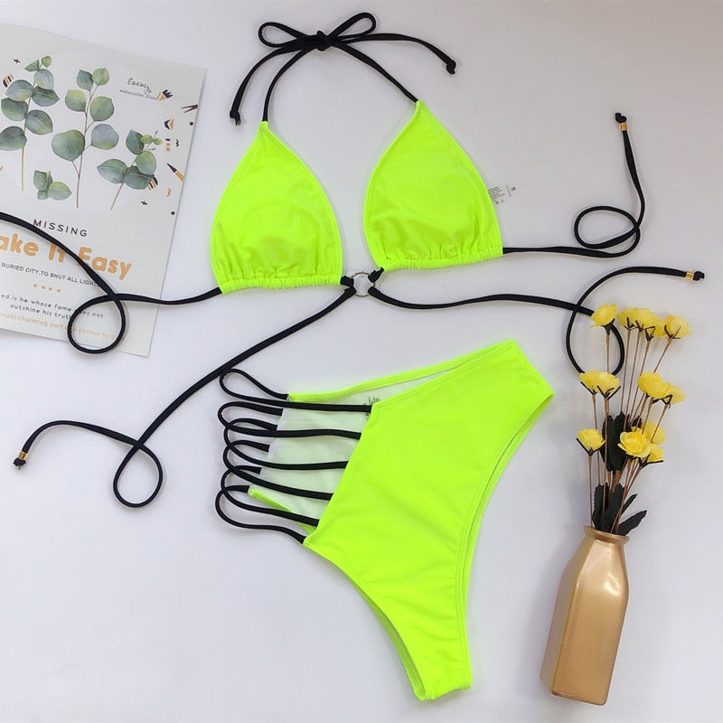High waist bikini swimsuit by The Clothing Company Sydney featuring bandeau top and thong Brazilian design.