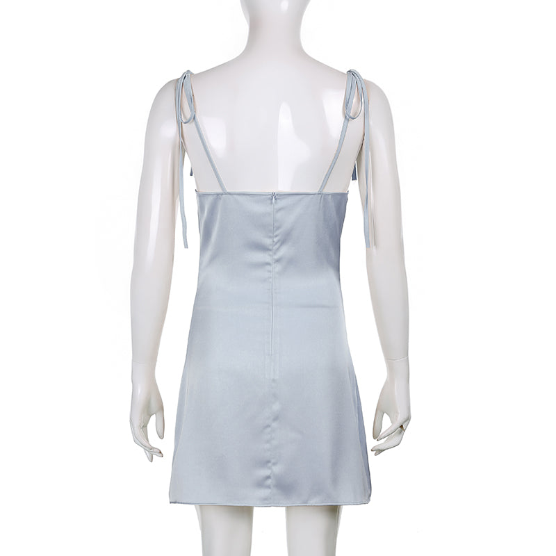 Black satin backless sleeveless mini sundress with strappy details, casual summer dress from The Clothing Company Sydney