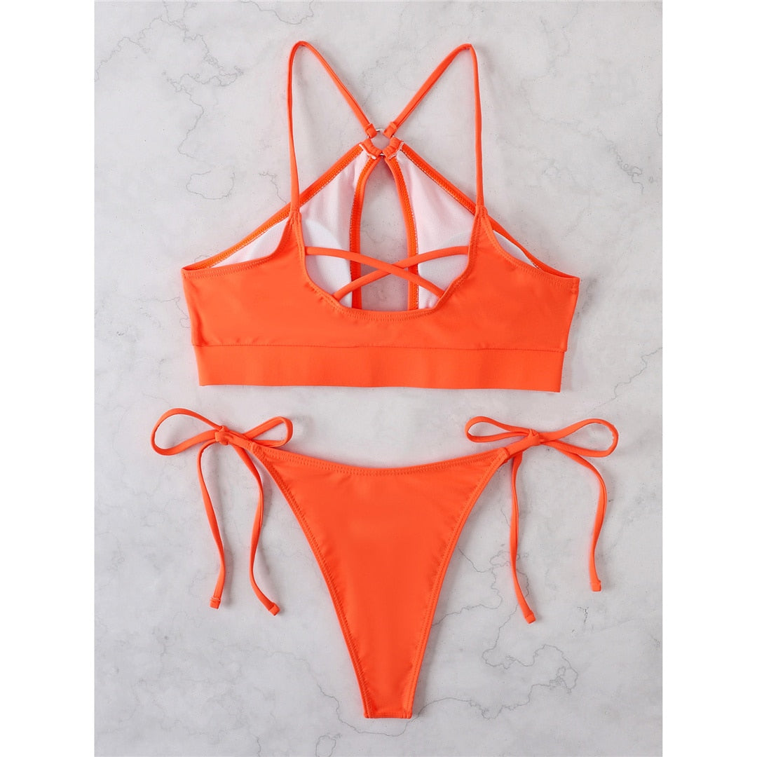 HD image of The Clothing Company Sydney cut out halter bikini swimsuit with padded cups and strappy design, two-piece swimwear for women.