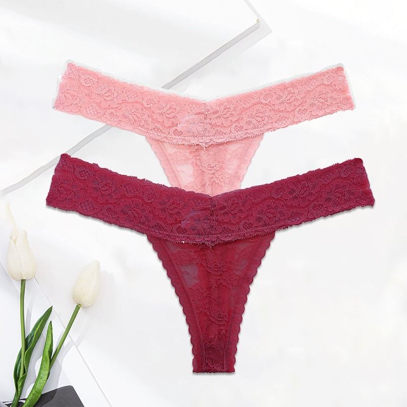 Two pack of lace G-string thong panties from The Clothing Company Sydney, floral design, transparent lace lingerie briefs.