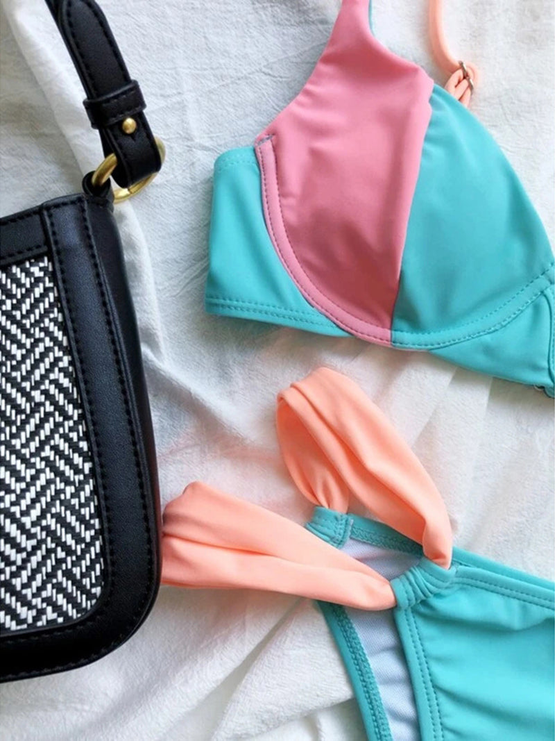 Two-piece patchwork bikini swimsuit by The Clothing Company Sydney, featuring push-up design and vibrant beach-ready style.