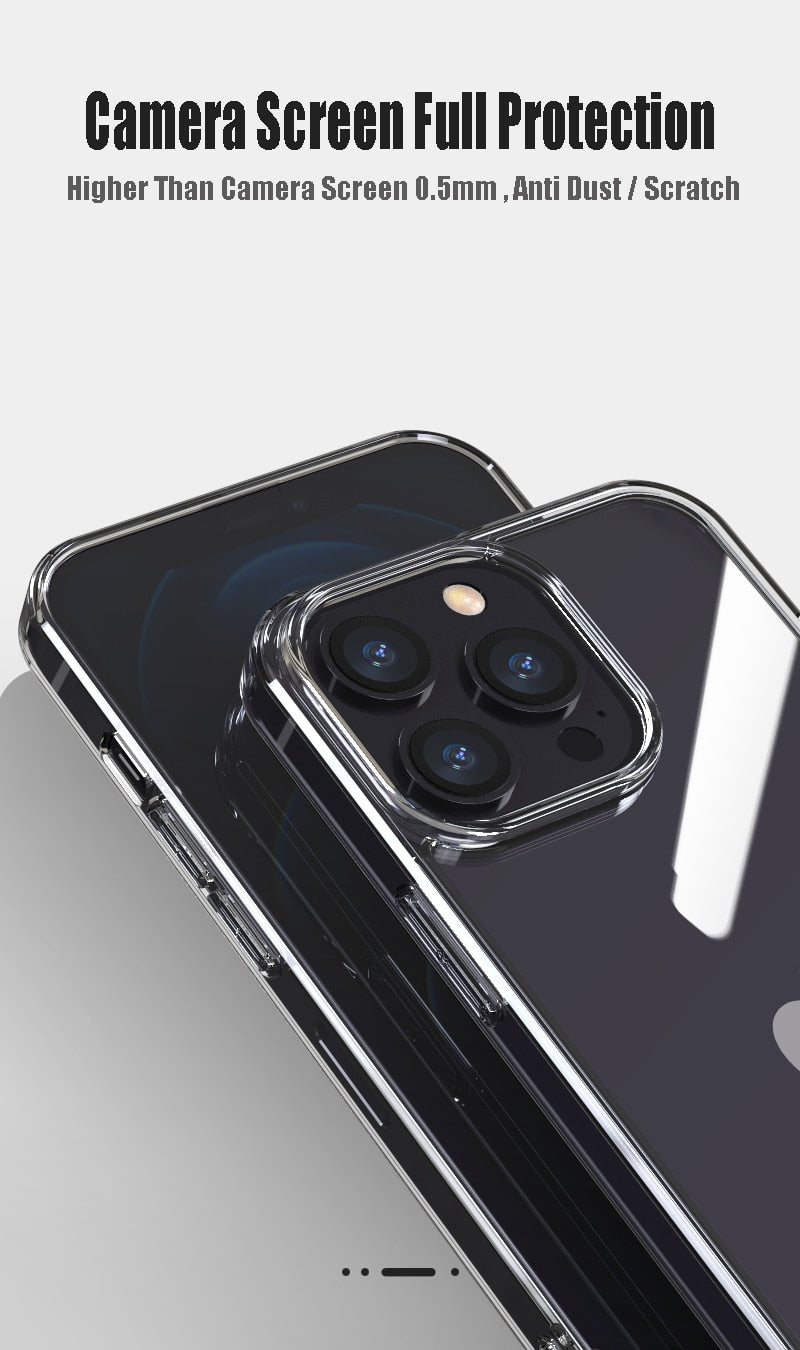 Clear tempered glass phone case for iPhone 11 12 13 14 Pro XS Max 7 8 Plus SE2, showing the transparent hard design.