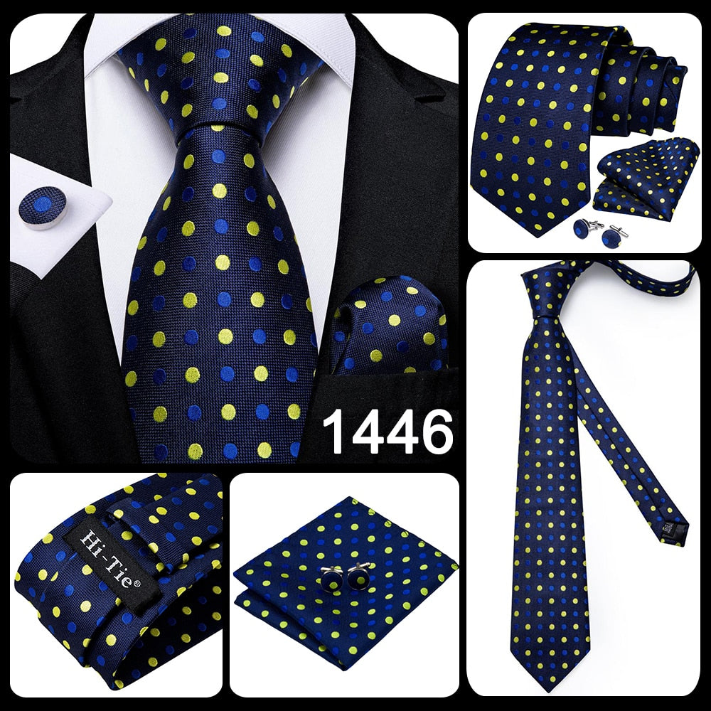 Blue silk men's business tie with dot pattern, plaid design, matching cufflinks, 150cm length, from The Clothing Company Sydney.