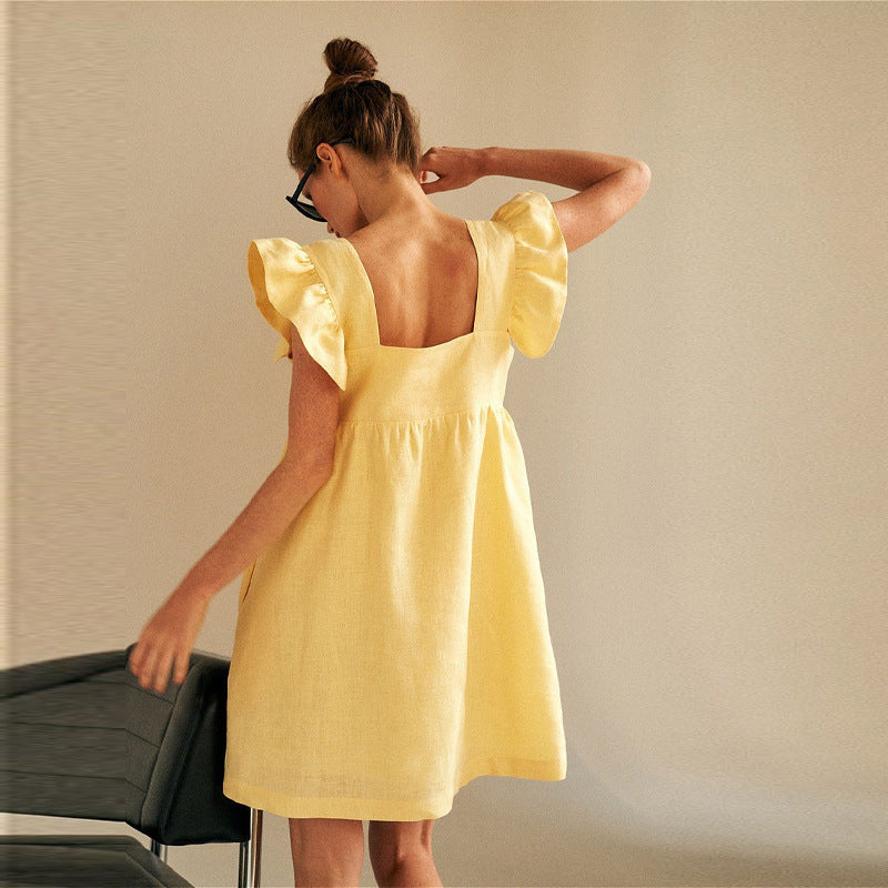 Elegant summer mini dress with ruffle sleeves, square neckline, solid color, from The Clothing Company Sydney.