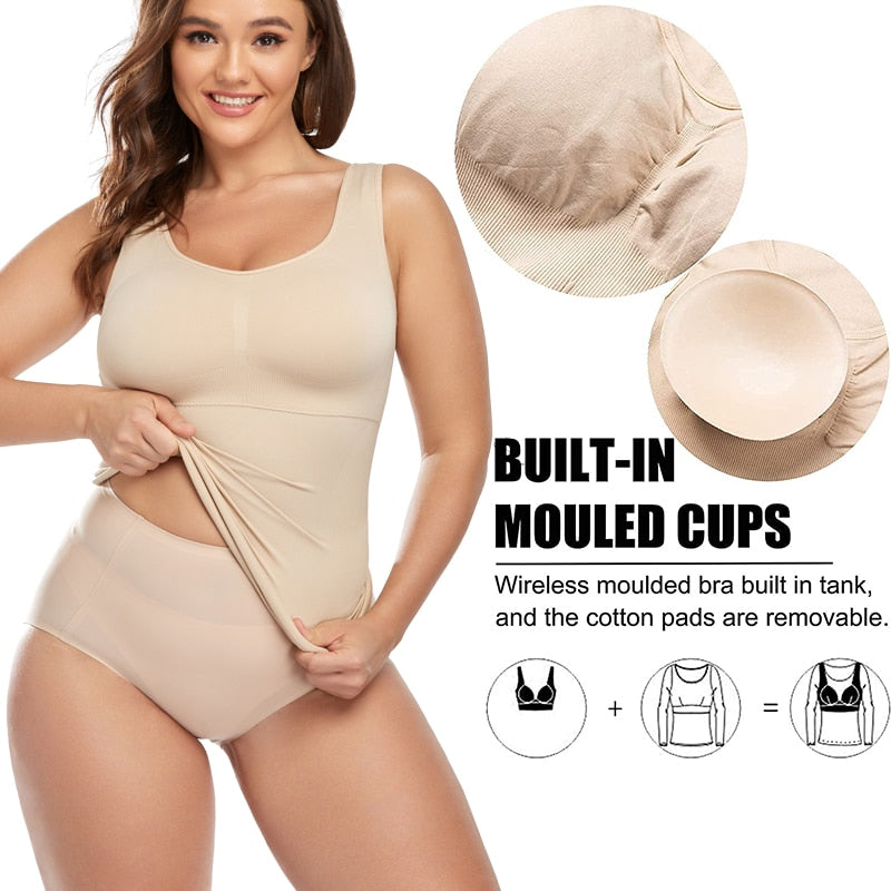 Shapewear tank top with built-in shelf bra, wide straps, sleeveless design, from The Clothing Company Sydney.