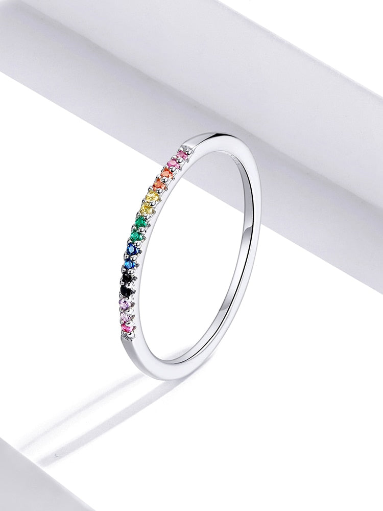 Sterling silver CZ simulated diamond stackable chain ring with platinum plating for women, showcasing eternity band design.