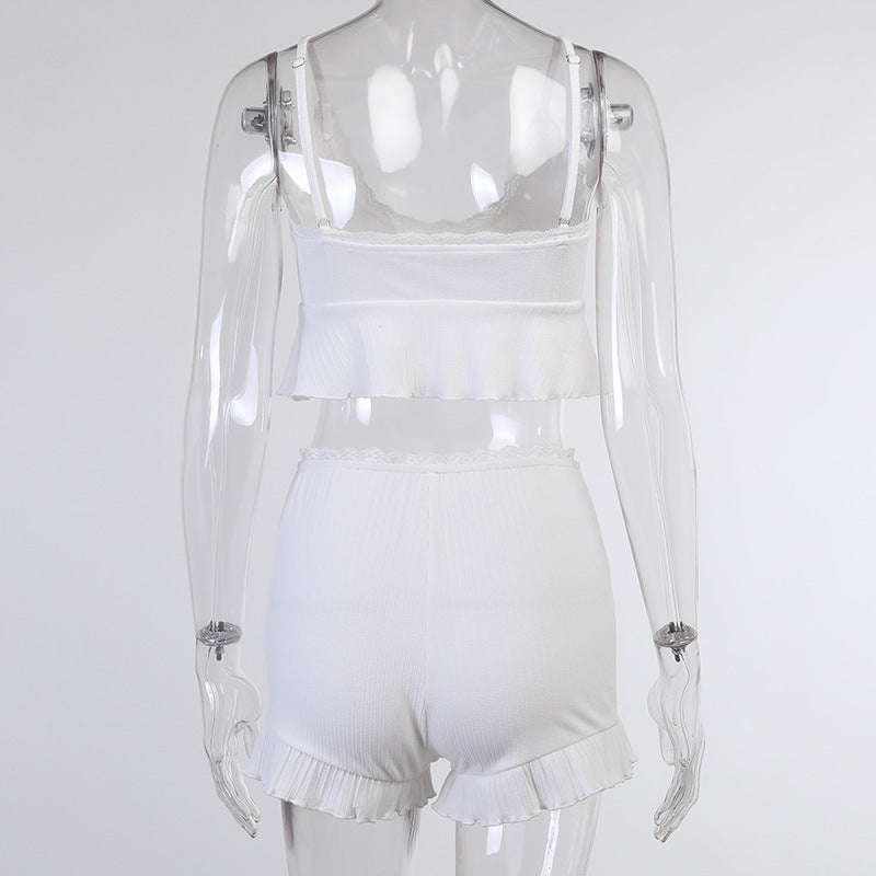 Summer Lace Suits Fashion Solid Tracksuit V-neck Costume Two Pieces (Tops+Shorts) Outwear Sets The Clothing Company Sydney