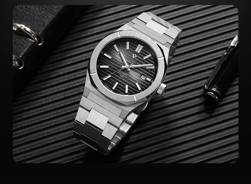 Cadisen men's diver watch with sapphire crystal, automatic Miyota 8215 movement, German design, water-resistant 10 bar.
