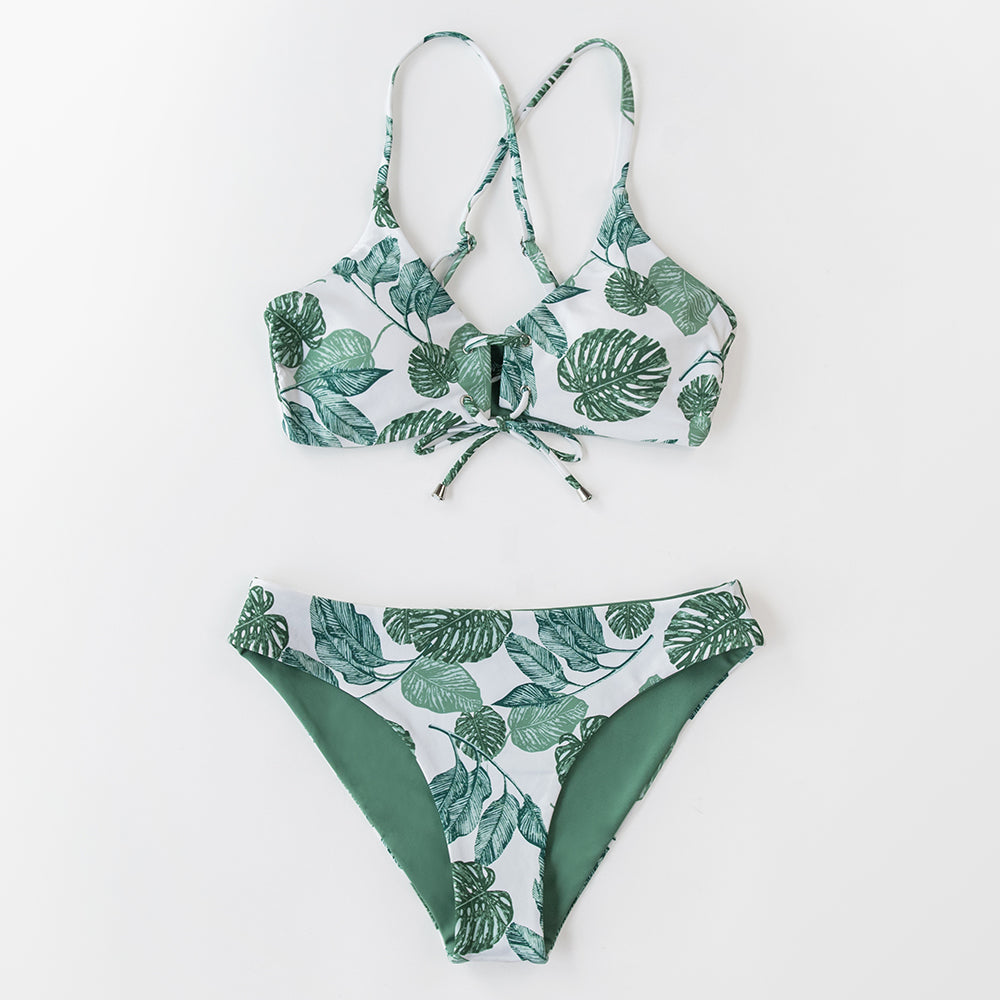 Reversible floral V-neck thong bikini set by The Clothing Company Sydney, featuring a two-piece swimsuit with vibrant floral patterns.