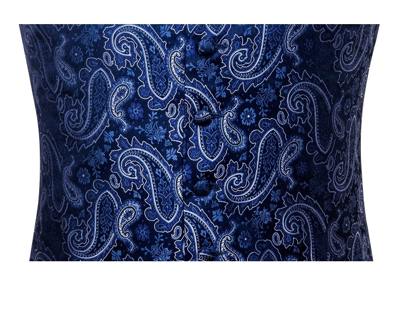 Men's luxury paisley floral plaid silk vest and tie set in blue, gold, red, and silver, perfect for wedding suits.
