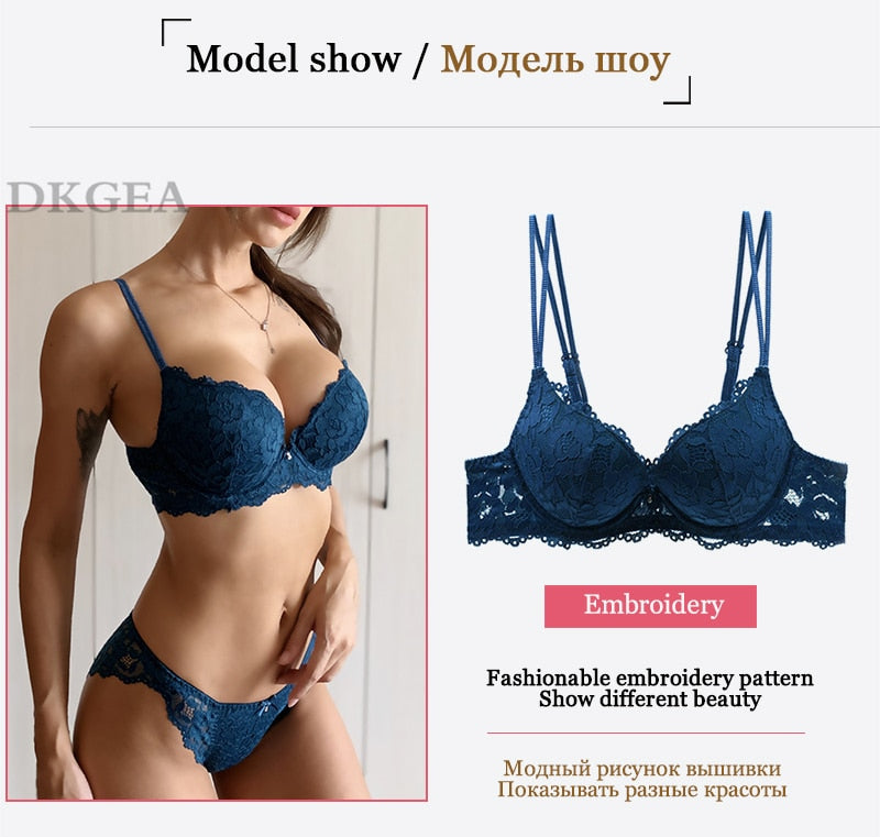 Blue lace embroidery lingerie set with push-up bra and matching panties, featuring deep V neckline and adjustable straps.