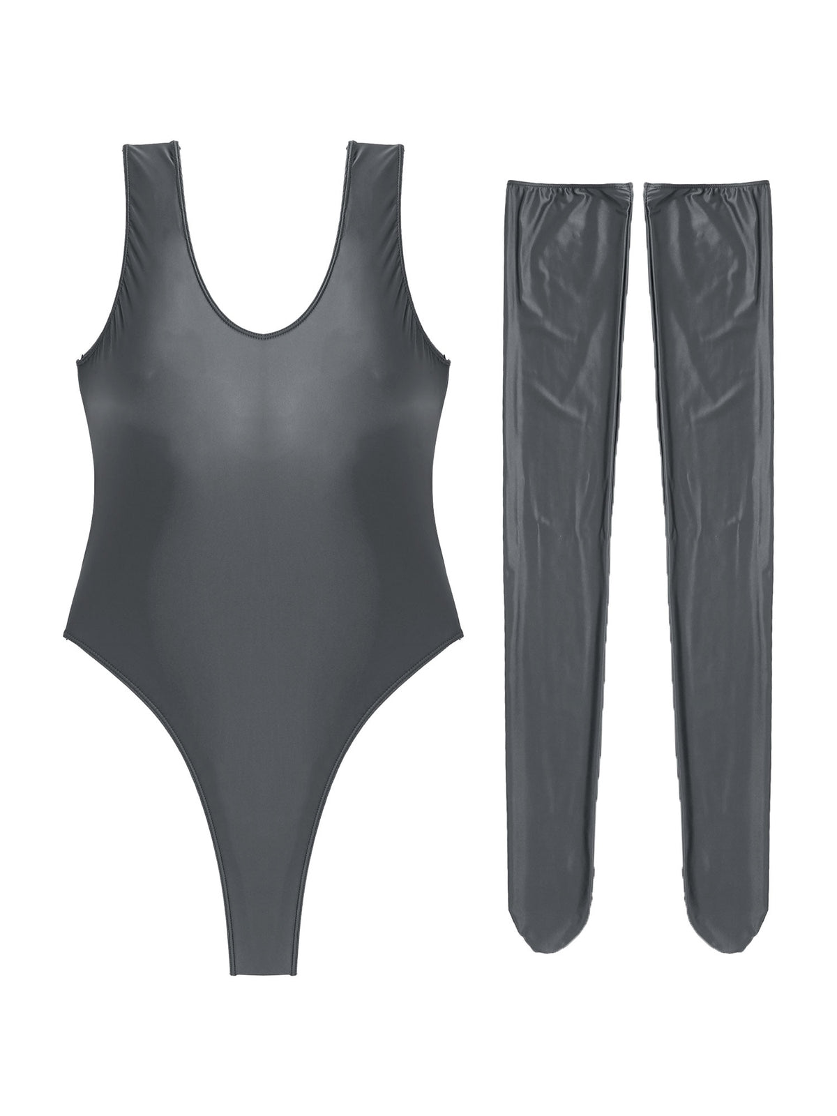 Women's glossy stretchy swimsuit by The Clothing Company Sydney, sleeveless high-cut swimwear with slim fit design and stocking accents.