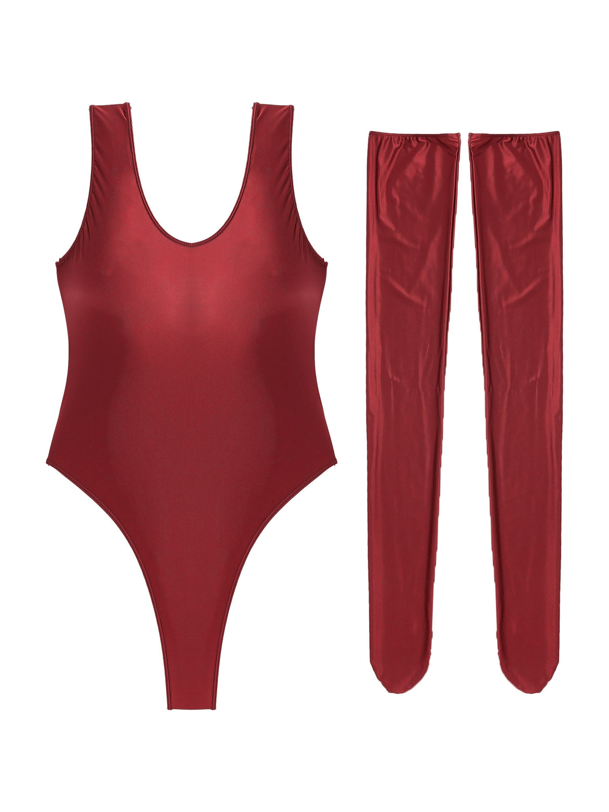 Women's glossy stretchy swimsuit by The Clothing Company Sydney, sleeveless high-cut bodysuit with a slim fit and stocking style.