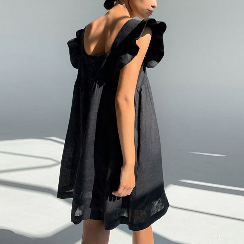 Elegant mini dress with ruffle sleeves and square neckline by The Clothing Company Sydney, featuring a solid color summer design.