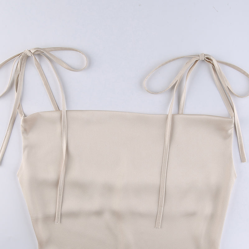 Backless beige satin mini sundress with strappy design from The Clothing Company Sydney, sleeveless casual summer dress.