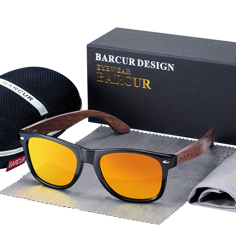 Black walnut wood designer polarized sunglasses for men with UV400 protection, stylish eyewear accessory.