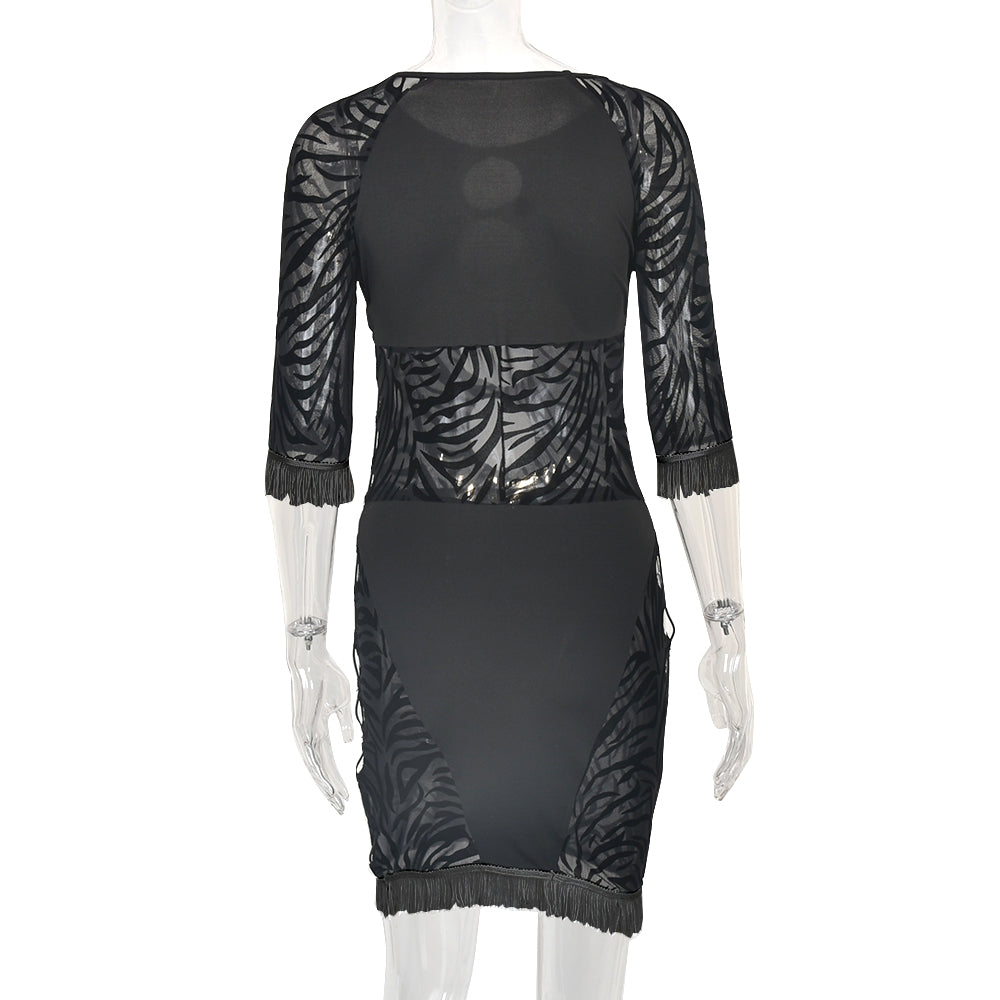 Cut out zebra mesh mini dress from The Clothing Company Sydney featuring transparent panels, bodycon fit, perfect for beach, holiday, or party.